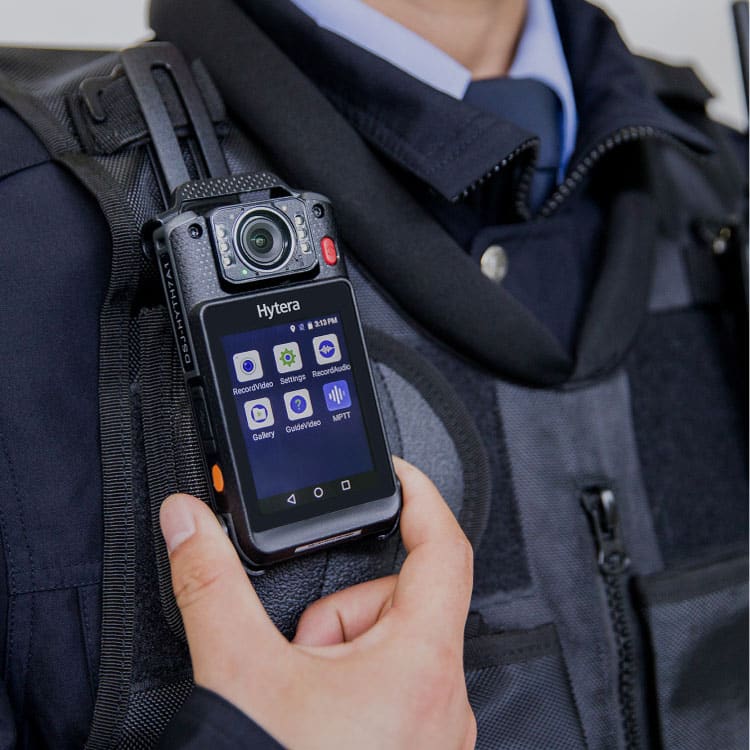 Professional body-worn camera attached to a frontline worker's uniform