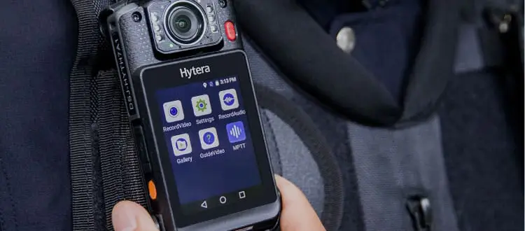 Professional body-worn camera attached to a frontline worker's uniform